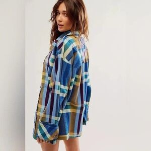 Free People We The Free So Long Summer Plaid Top Blue Button Shirt Small NWOT